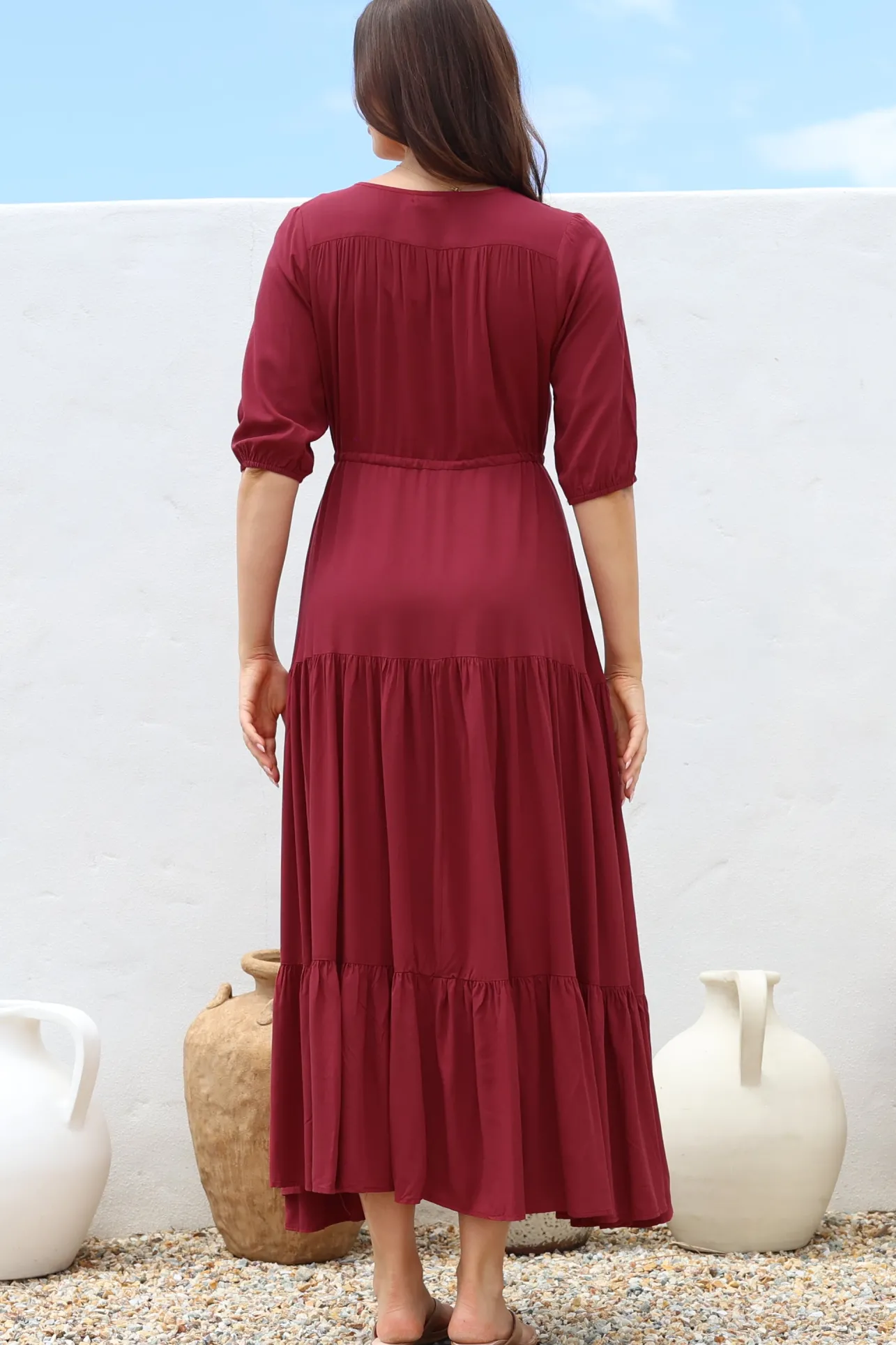 Rachel Maxi Dress - V-Neck 3/4 Sleeve Pull Tie Waist Tiered Dress in Wine>Salty Crush Discount
