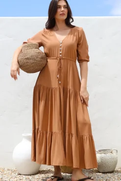 Rachel Maxi Dress - V-Neck 3/4 Sleeve Pull Tie Waist Tiered Dress in Tan>Salty Crush Outlet