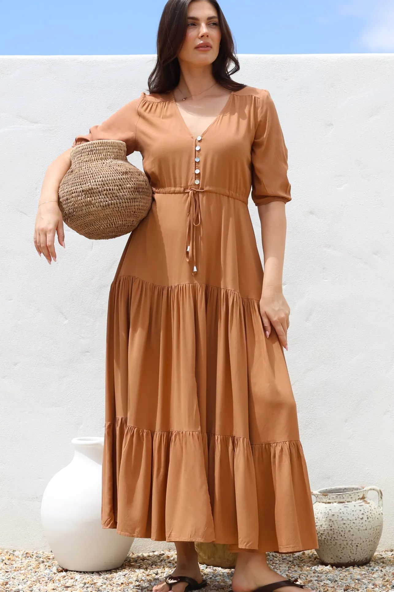 Rachel Maxi Dress - V-Neck 3/4 Sleeve Pull Tie Waist Tiered Dress in Tan>Salty Crush Outlet