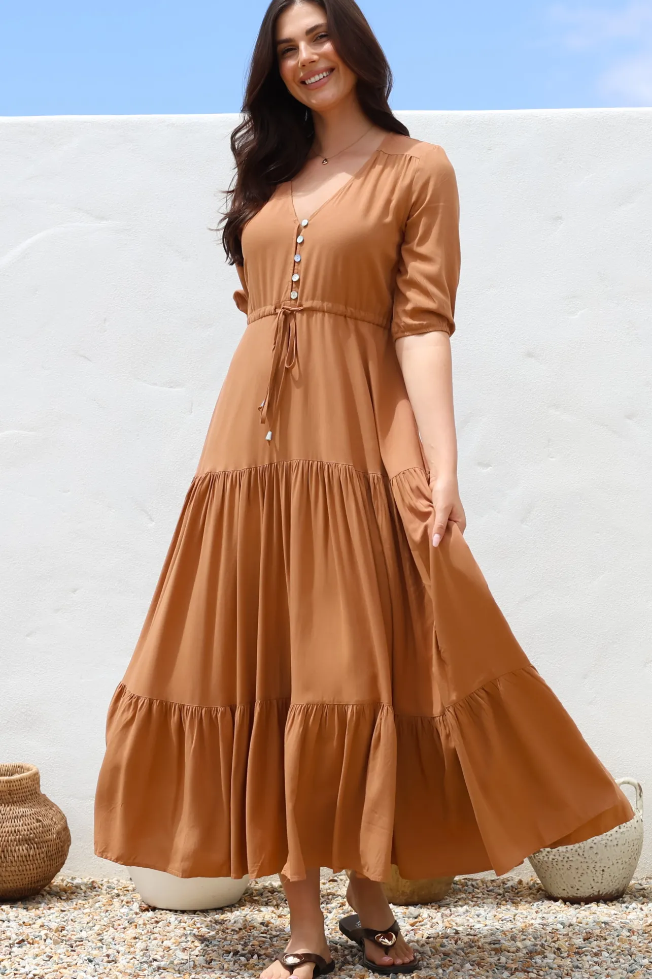 Rachel Maxi Dress - V-Neck 3/4 Sleeve Pull Tie Waist Tiered Dress in Tan>Salty Crush Outlet
