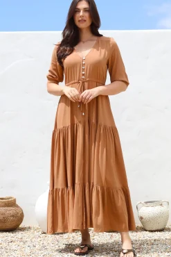 Rachel Maxi Dress - V-Neck 3/4 Sleeve Pull Tie Waist Tiered Dress in Tan><noscript><img width=