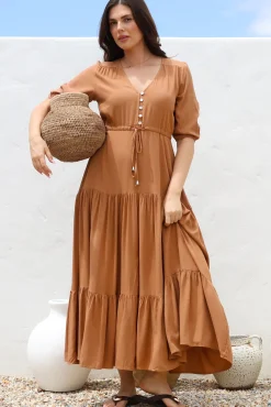 Rachel Maxi Dress - V-Neck 3/4 Sleeve Pull Tie Waist Tiered Dress in Tan><noscript><img width=