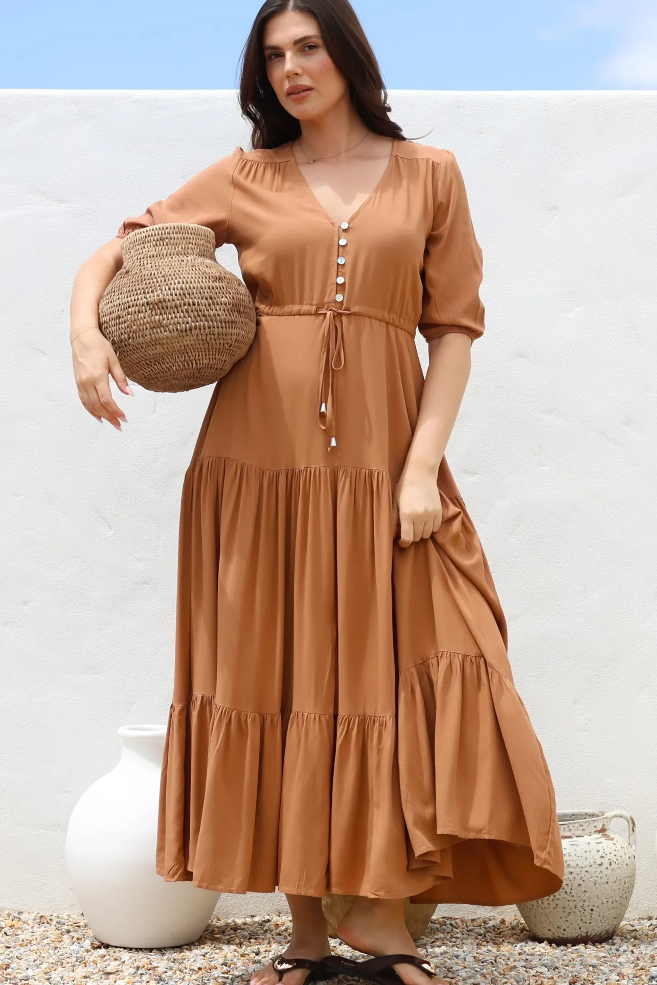 Rachel Maxi Dress - V-Neck 3/4 Sleeve Pull Tie Waist Tiered Dress in Tan>Salty Crush Outlet