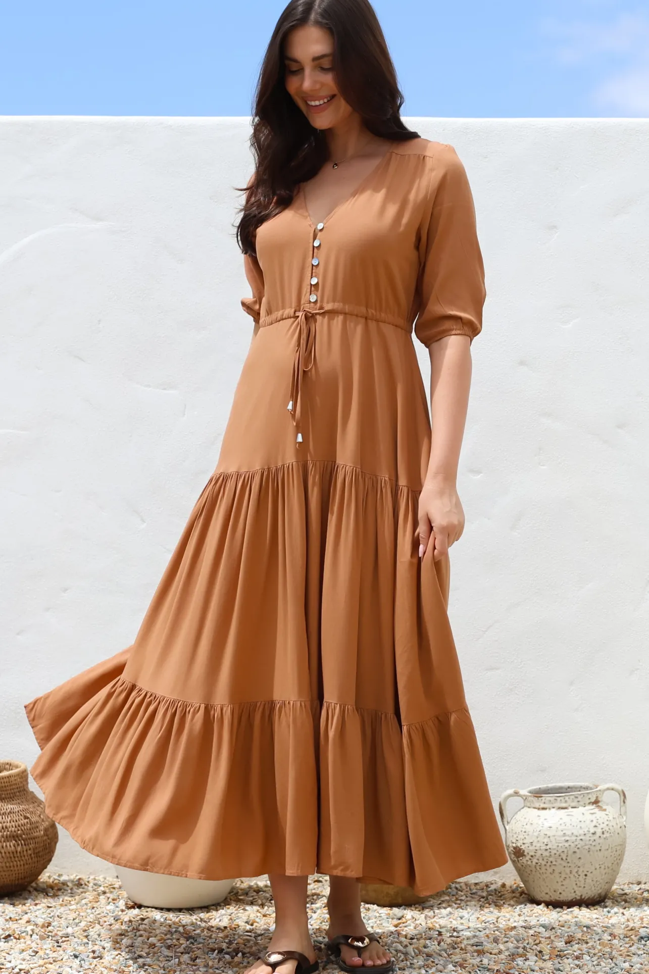 Rachel Maxi Dress - V-Neck 3/4 Sleeve Pull Tie Waist Tiered Dress in Tan>Salty Crush Outlet