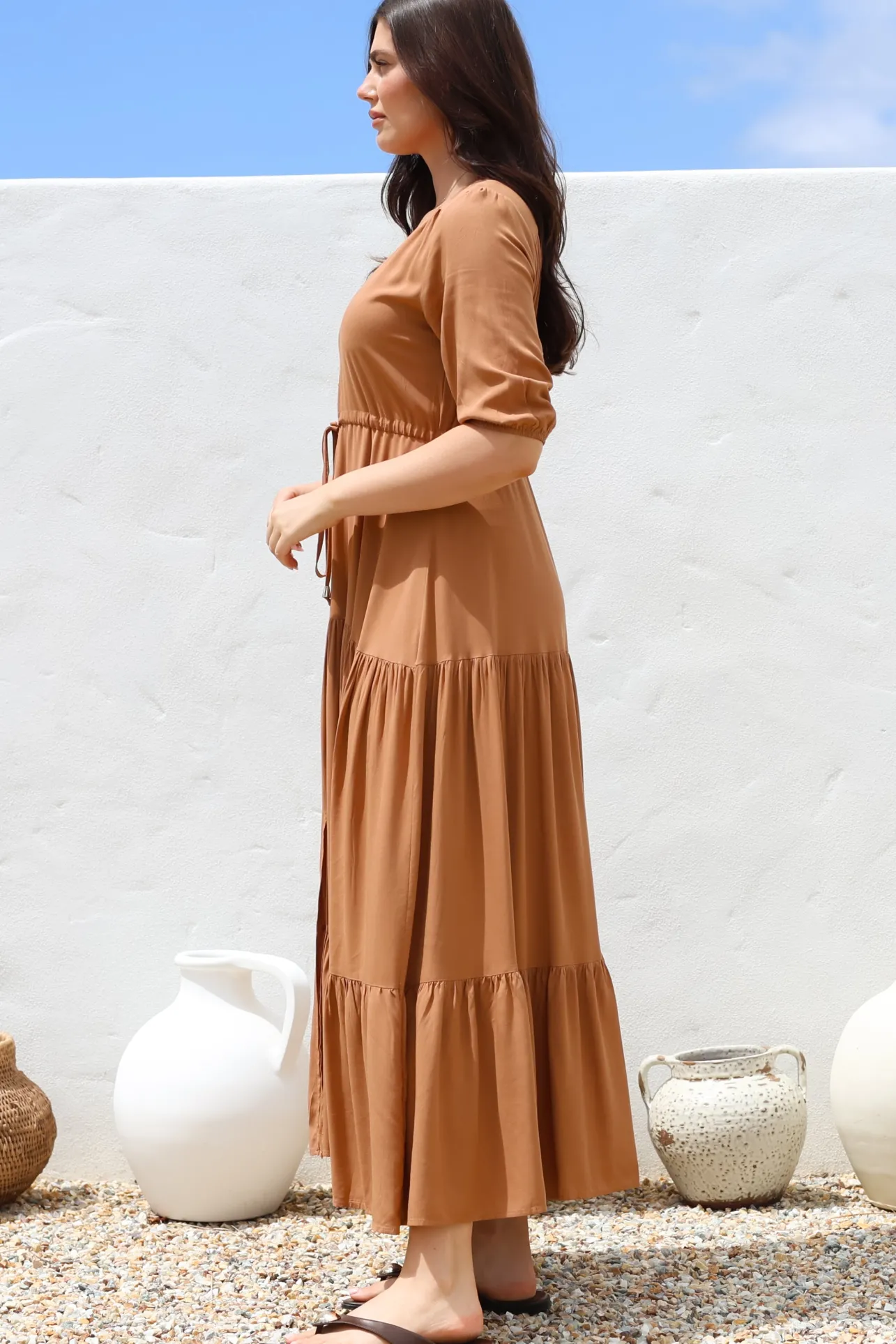Rachel Maxi Dress - V-Neck 3/4 Sleeve Pull Tie Waist Tiered Dress in Tan>Salty Crush Outlet