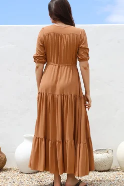 Rachel Maxi Dress - V-Neck 3/4 Sleeve Pull Tie Waist Tiered Dress in Tan><noscript><img width=