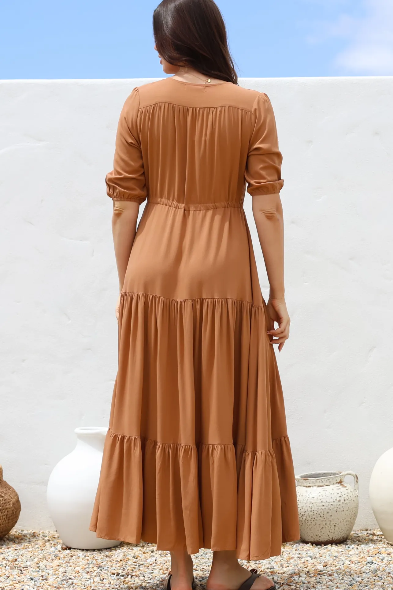 Rachel Maxi Dress - V-Neck 3/4 Sleeve Pull Tie Waist Tiered Dress in Tan>Salty Crush Outlet
