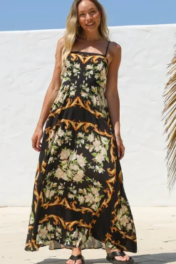 Radley Maxi Dress - Empire Line Sun Dress with Adjustable Straps in Evana Print Black>Salty Crush Sale