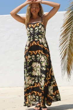 Radley Maxi Dress - Empire Line Sun Dress with Adjustable Straps in Evana Print Black><noscript><img width=