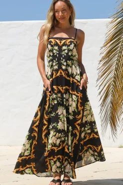 Radley Maxi Dress - Empire Line Sun Dress with Adjustable Straps in Evana Print Black><noscript><img width=