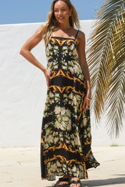 Radley Maxi Dress - Empire Line Sun Dress with Adjustable Straps in Evana Print Black><noscript><img width=