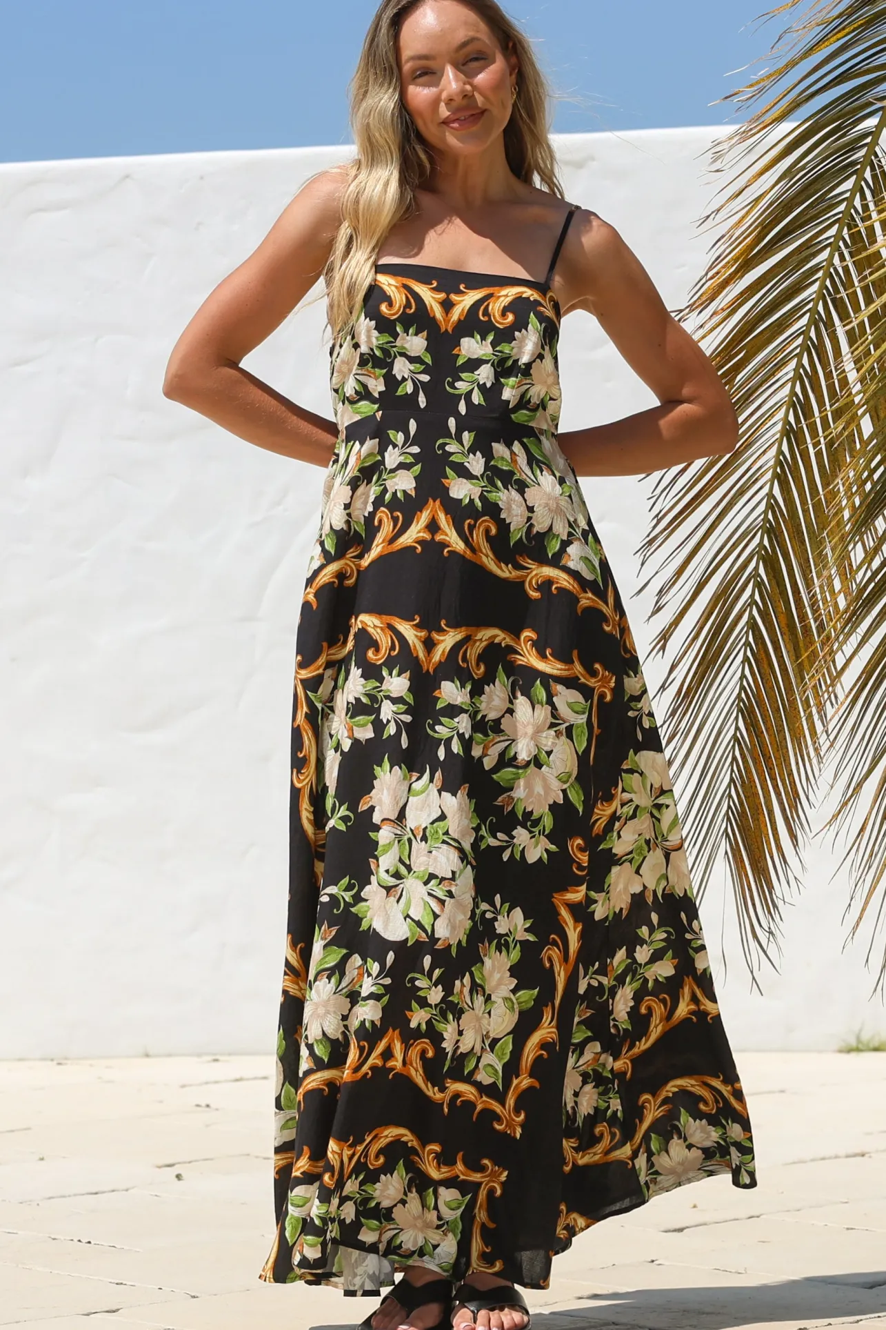 Radley Maxi Dress - Empire Line Sun Dress with Adjustable Straps in Evana Print Black>Salty Crush Sale