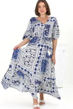 Rae Maxi Dress - Buttoned Bodice Pull Waist A Line Dress in Loa Print Blue>Salty Crush
