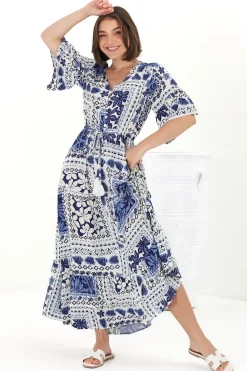 Rae Maxi Dress - Buttoned Bodice Pull Waist A Line Dress in Loa Print Blue><noscript><img width=