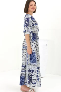 Rae Maxi Dress - Buttoned Bodice Pull Waist A Line Dress in Loa Print Blue><noscript><img width=