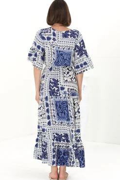 Rae Maxi Dress - Buttoned Bodice Pull Waist A Line Dress in Loa Print Blue><noscript><img width=