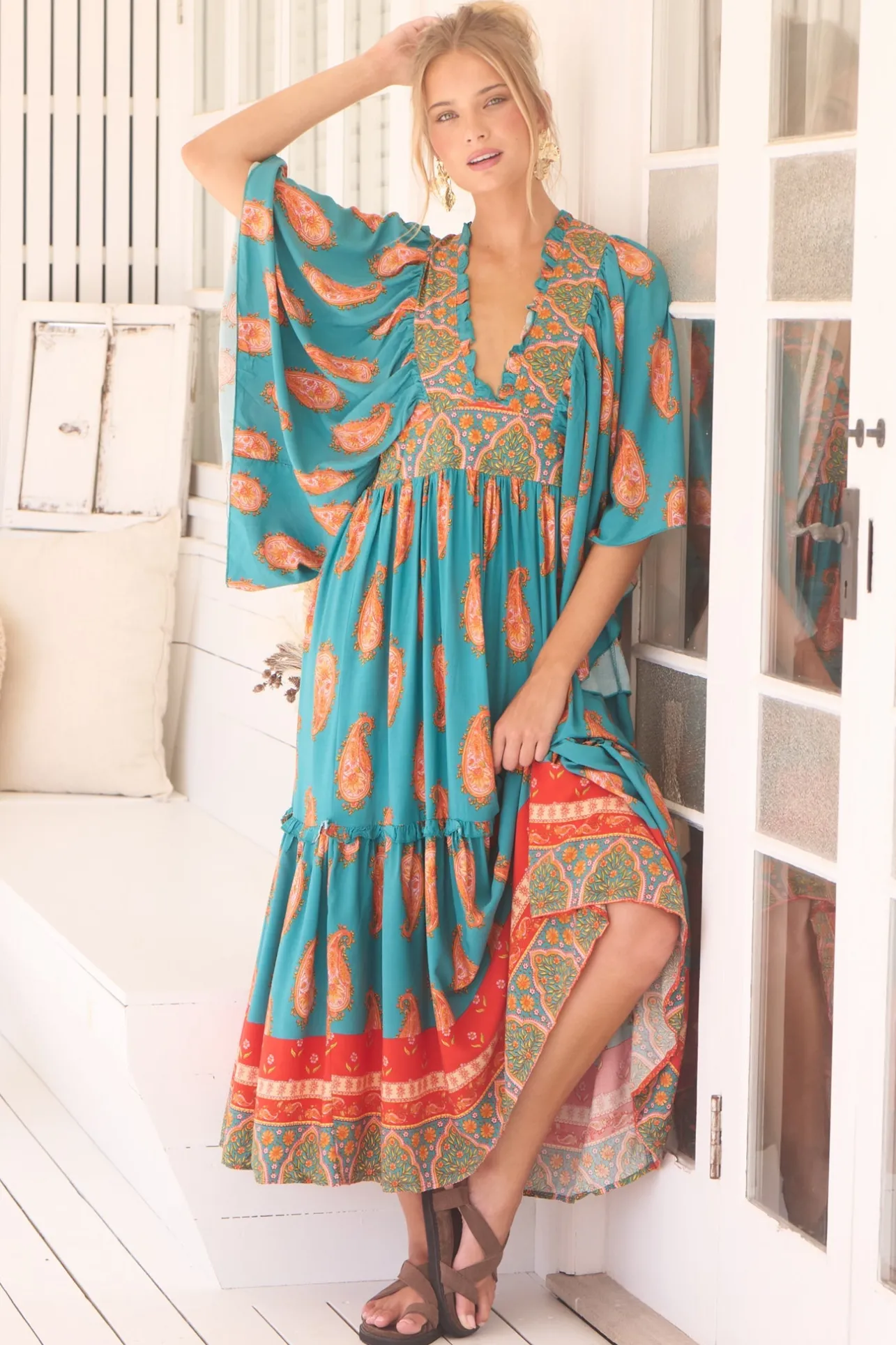 Raya Maxi Dress - Deep V Neck Frill Collar Batwing Sleeve Dress in Melody Print>Jaase Sale