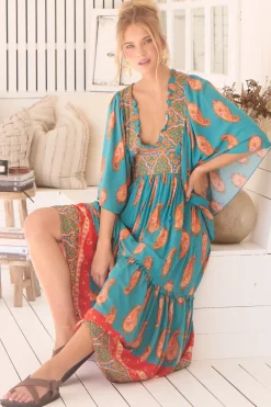 Raya Maxi Dress - Deep V Neck Frill Collar Batwing Sleeve Dress in Melody Print>Jaase Sale