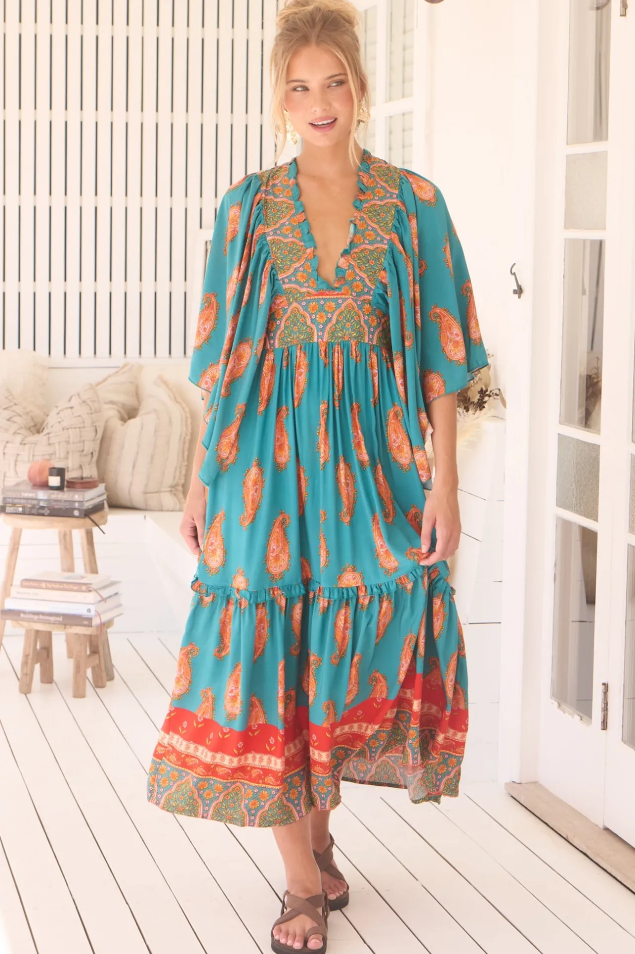 Raya Maxi Dress - Deep V Neck Frill Collar Batwing Sleeve Dress in Melody Print>Jaase Sale