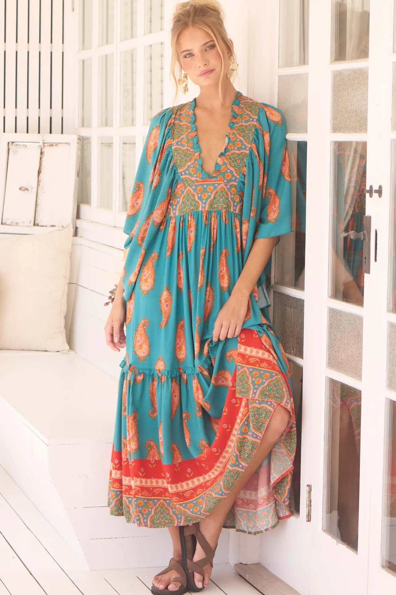 Raya Maxi Dress - Deep V Neck Frill Collar Batwing Sleeve Dress in Melody Print>Jaase Sale