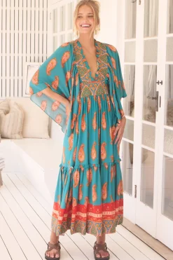 Raya Maxi Dress - Deep V Neck Frill Collar Batwing Sleeve Dress in Melody Print><noscript><img width=