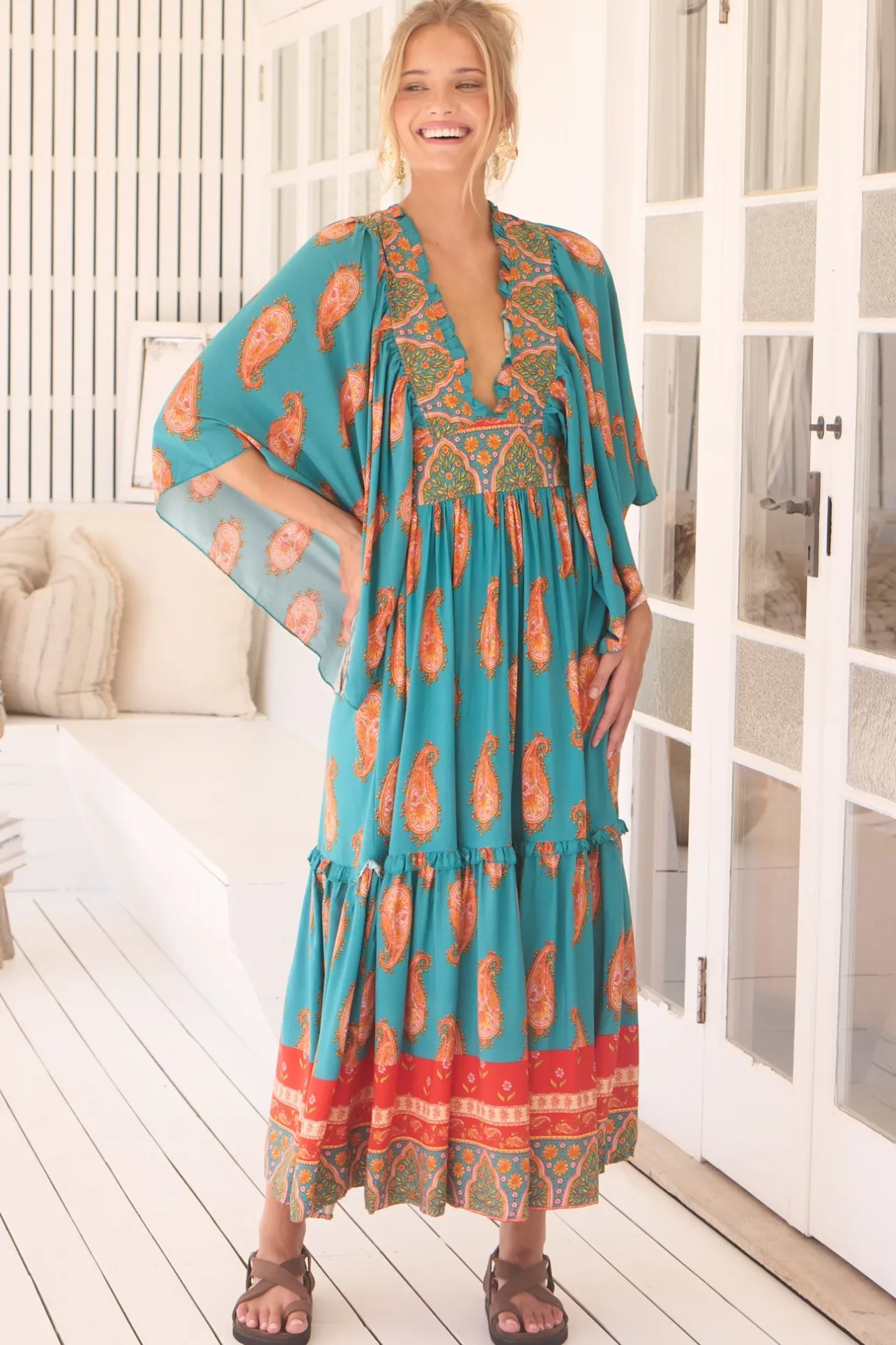 Raya Maxi Dress - Deep V Neck Frill Collar Batwing Sleeve Dress in Melody Print>Jaase Sale