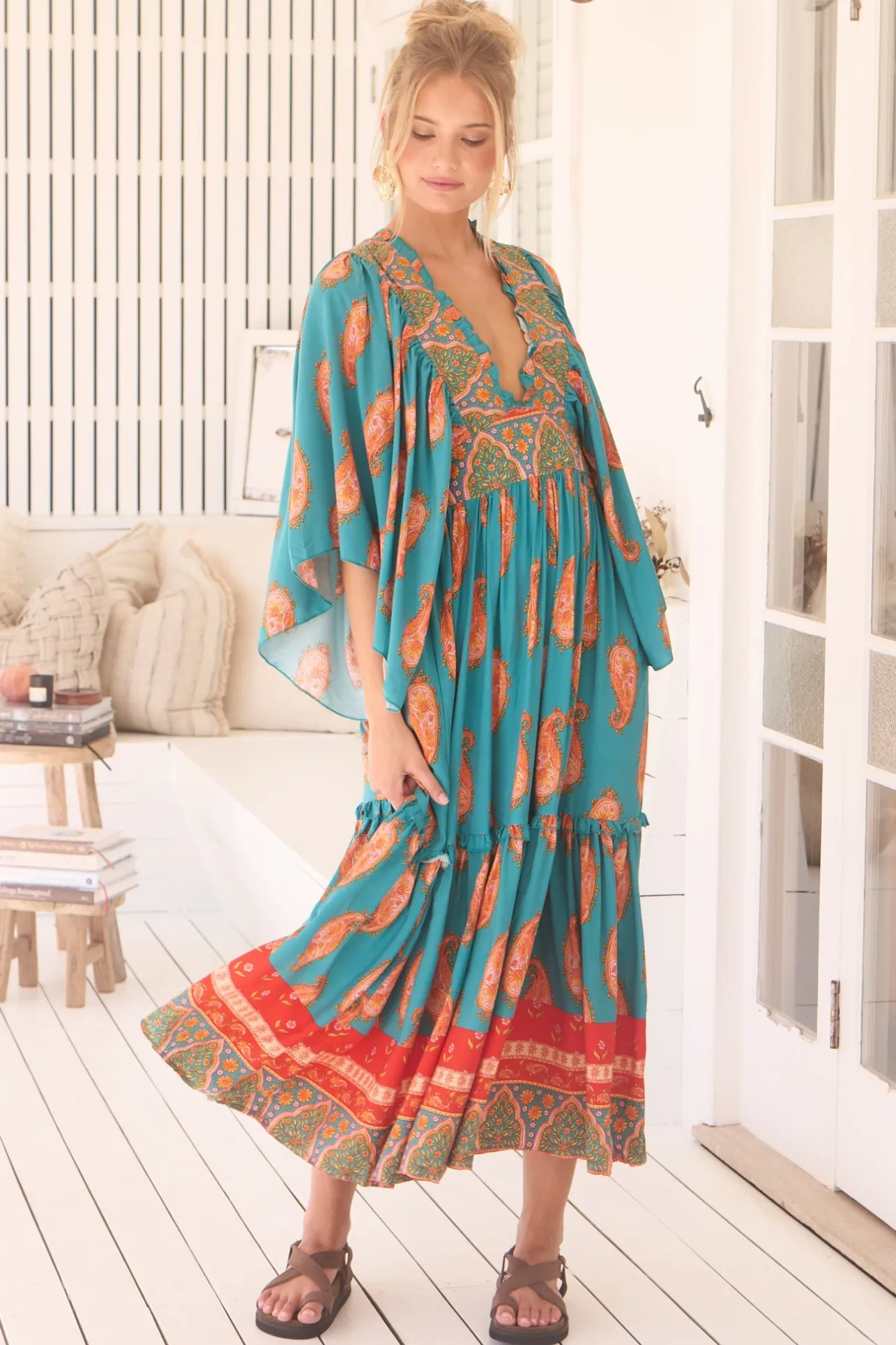 Raya Maxi Dress - Deep V Neck Frill Collar Batwing Sleeve Dress in Melody Print>Jaase Sale