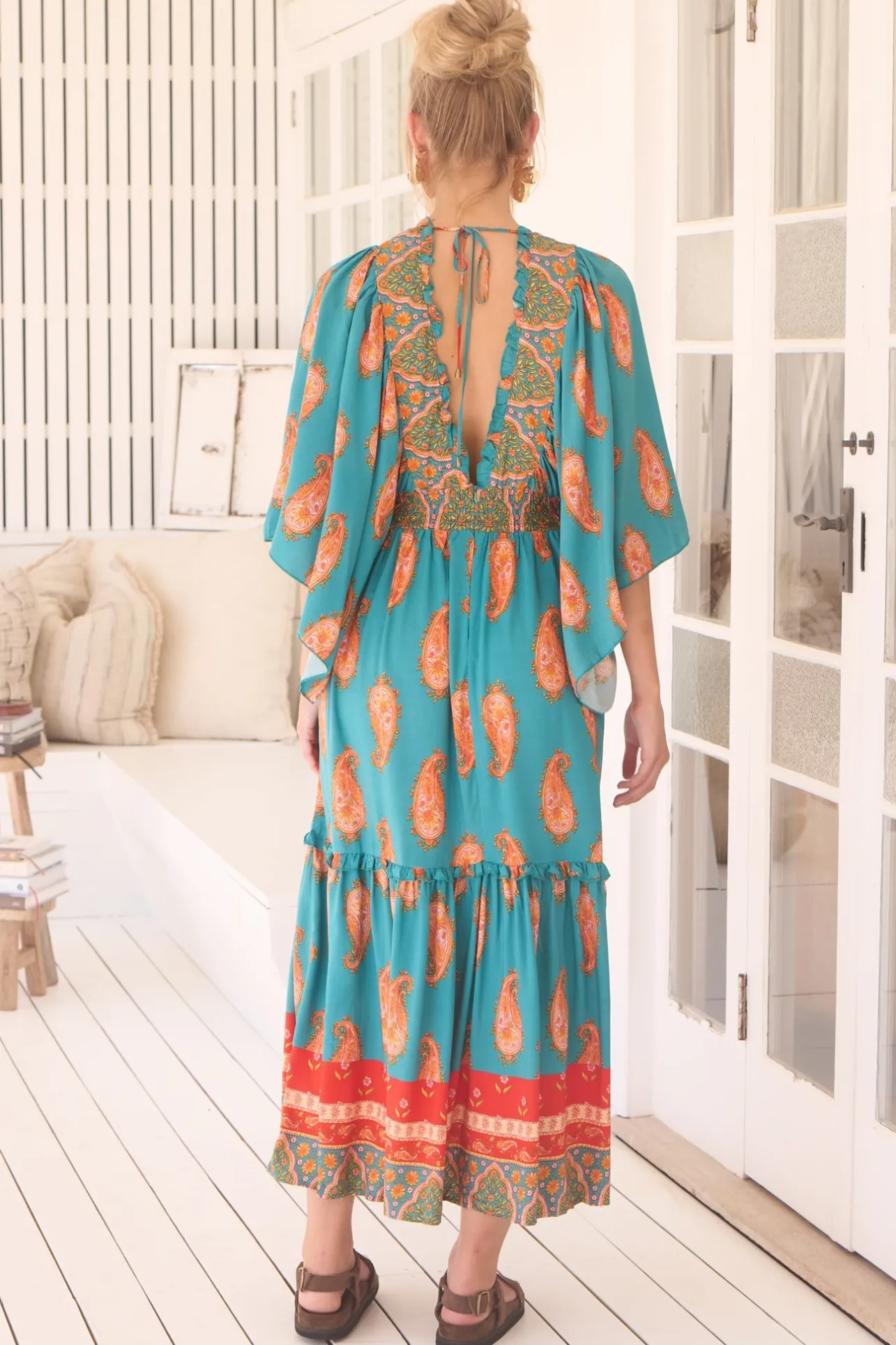 Raya Maxi Dress - Deep V Neck Frill Collar Batwing Sleeve Dress in Melody Print>Jaase Sale