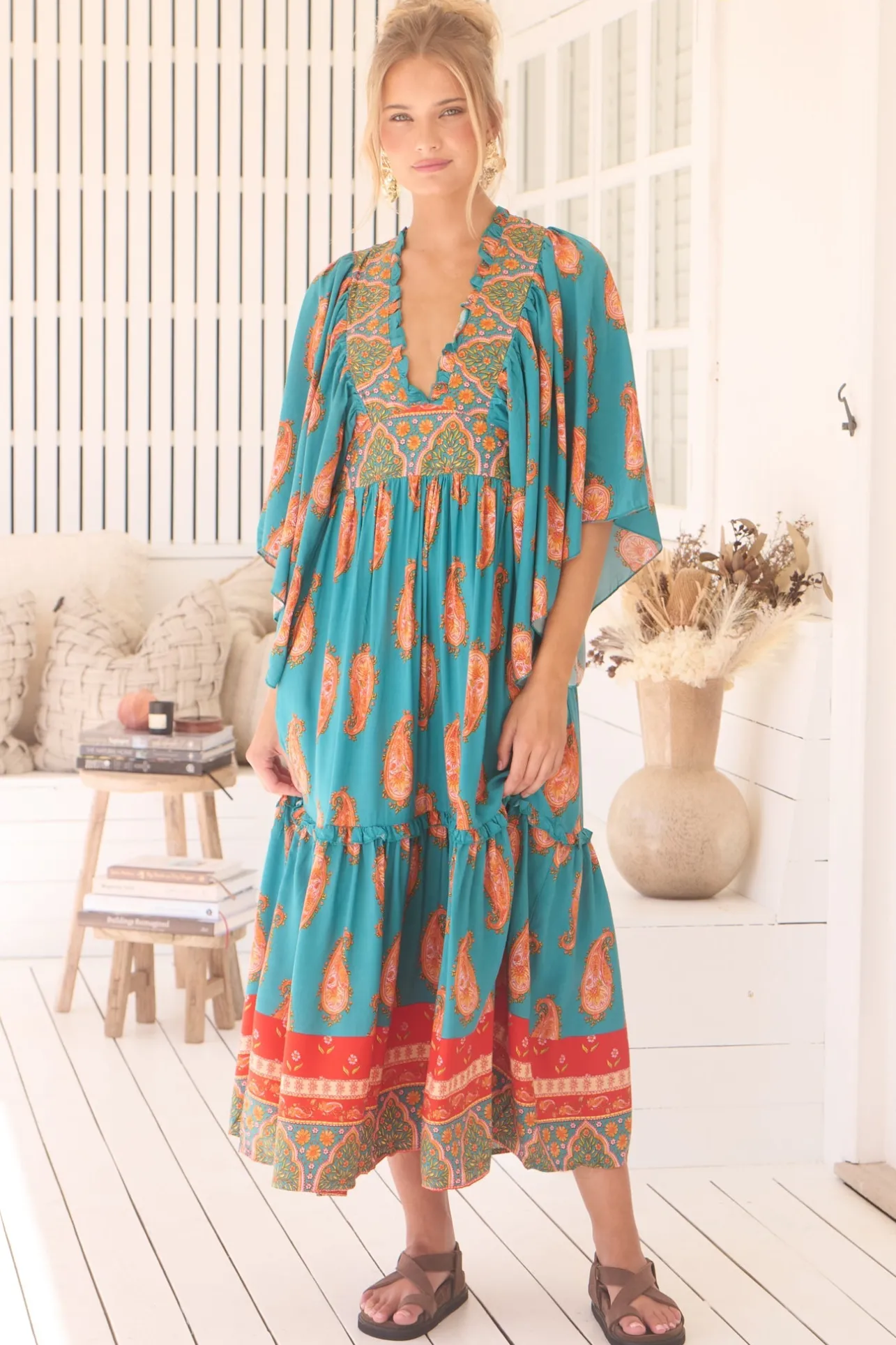 Raya Maxi Dress - Deep V Neck Frill Collar Batwing Sleeve Dress in Melody Print>Jaase Sale