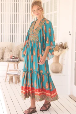 Raya Maxi Dress - Deep V Neck Frill Collar Batwing Sleeve Dress in Melody Print><noscript><img width=