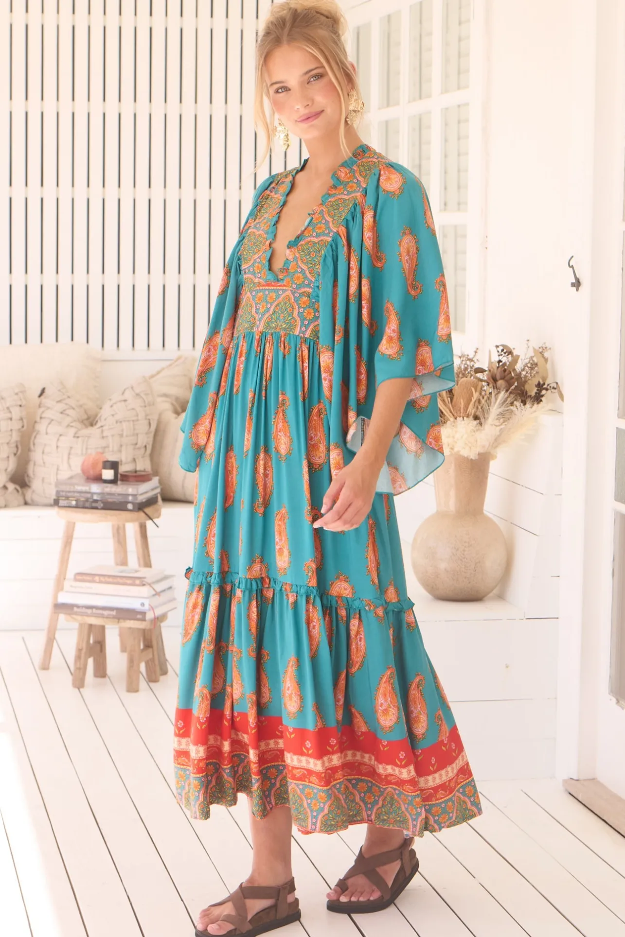 Raya Maxi Dress - Deep V Neck Frill Collar Batwing Sleeve Dress in Melody Print>Jaase Sale