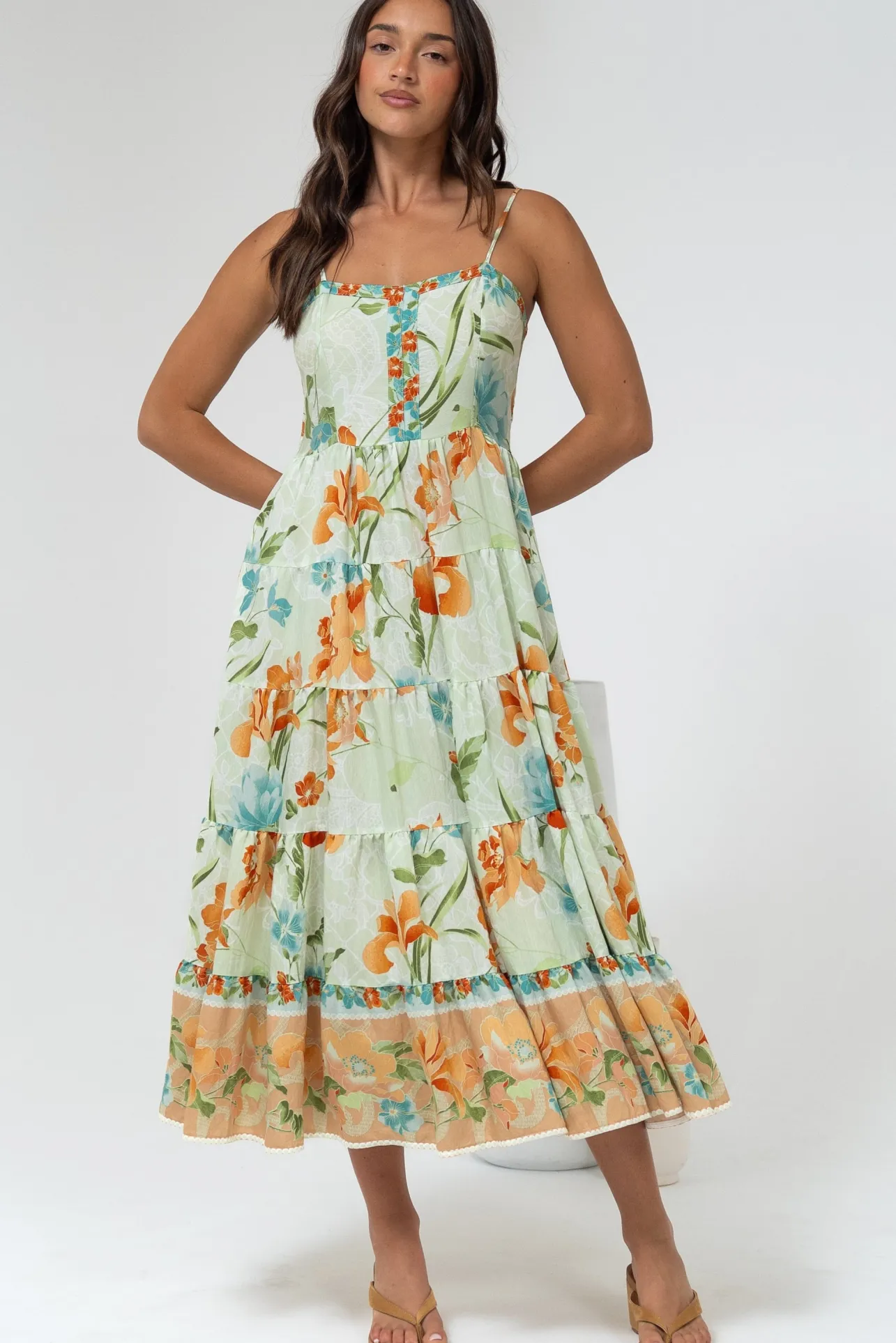 Raya Midi Dress - Adjustable Strap Tiered Sun Dress in Noriko Print>Salty Crush