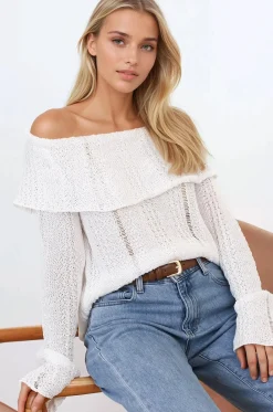 Rayra Knit Top - Multiway Neckline Knit Top with Flute Sleeves in White>Salty Crush