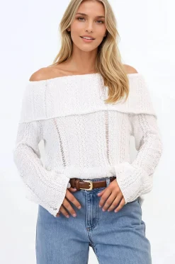 Rayra Knit Top - Multiway Neckline Knit Top with Flute Sleeves in White><noscript><img width=