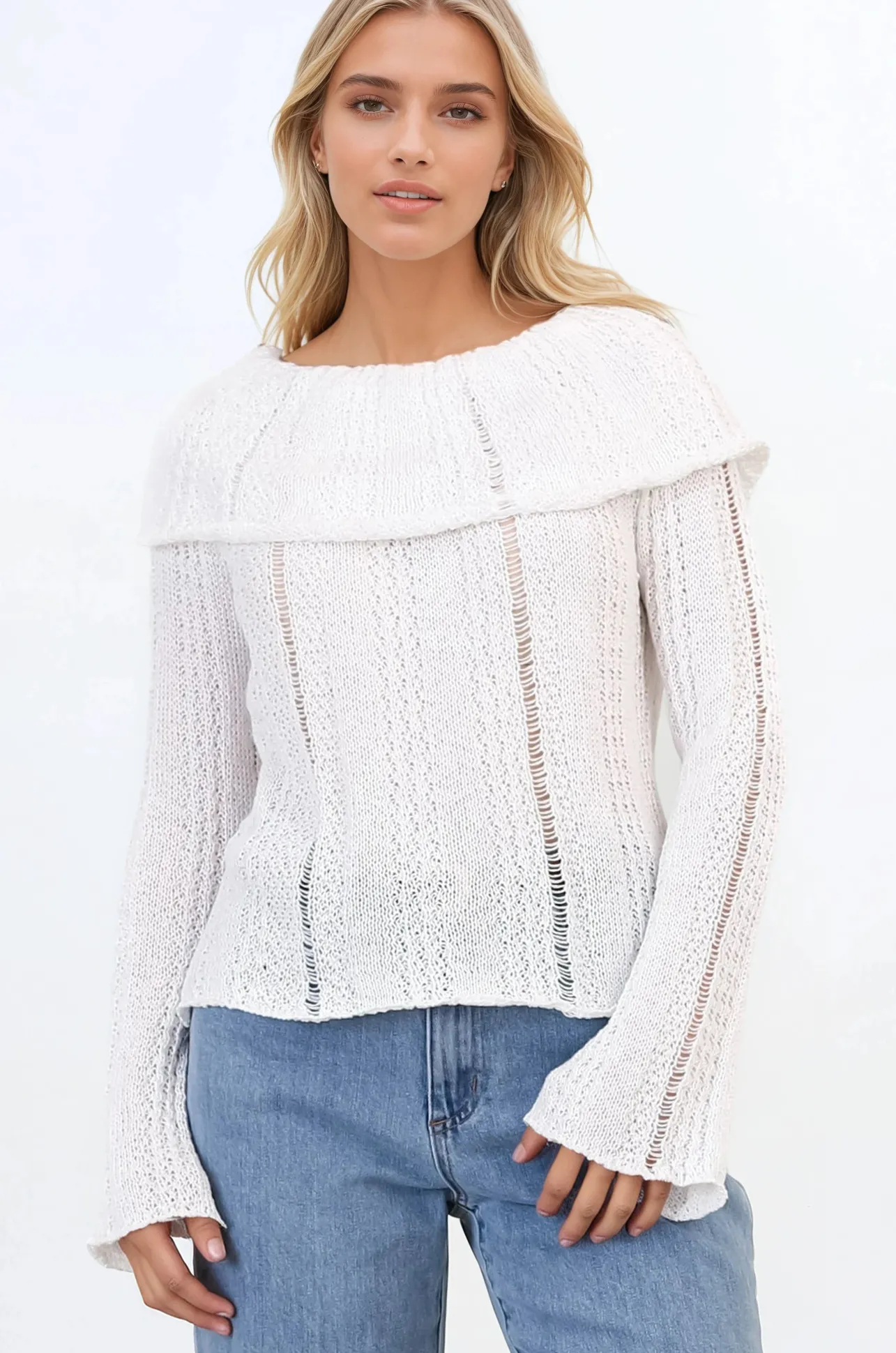 Rayra Knit Top - Multiway Neckline Knit Top with Flute Sleeves in White>Salty Crush