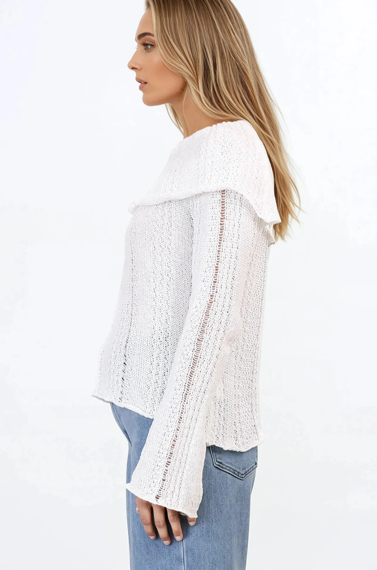 Rayra Knit Top - Multiway Neckline Knit Top with Flute Sleeves in White>Salty Crush