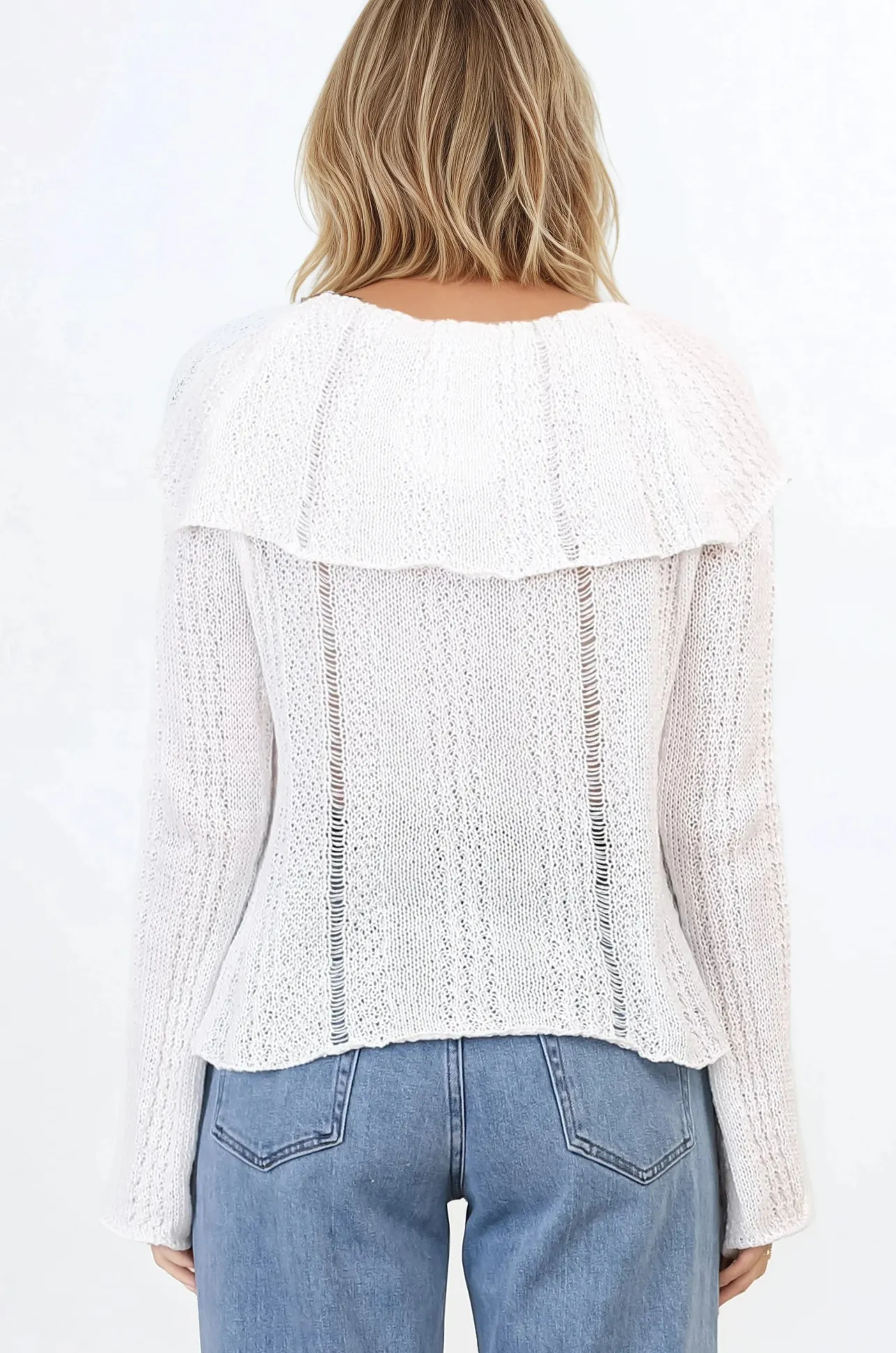 Rayra Knit Top - Multiway Neckline Knit Top with Flute Sleeves in White>Salty Crush