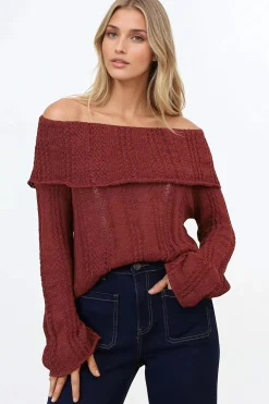 Rayra Knit Top - Multiway Neckline Knit Top with Flute Sleeves in Wine>Salty Crush