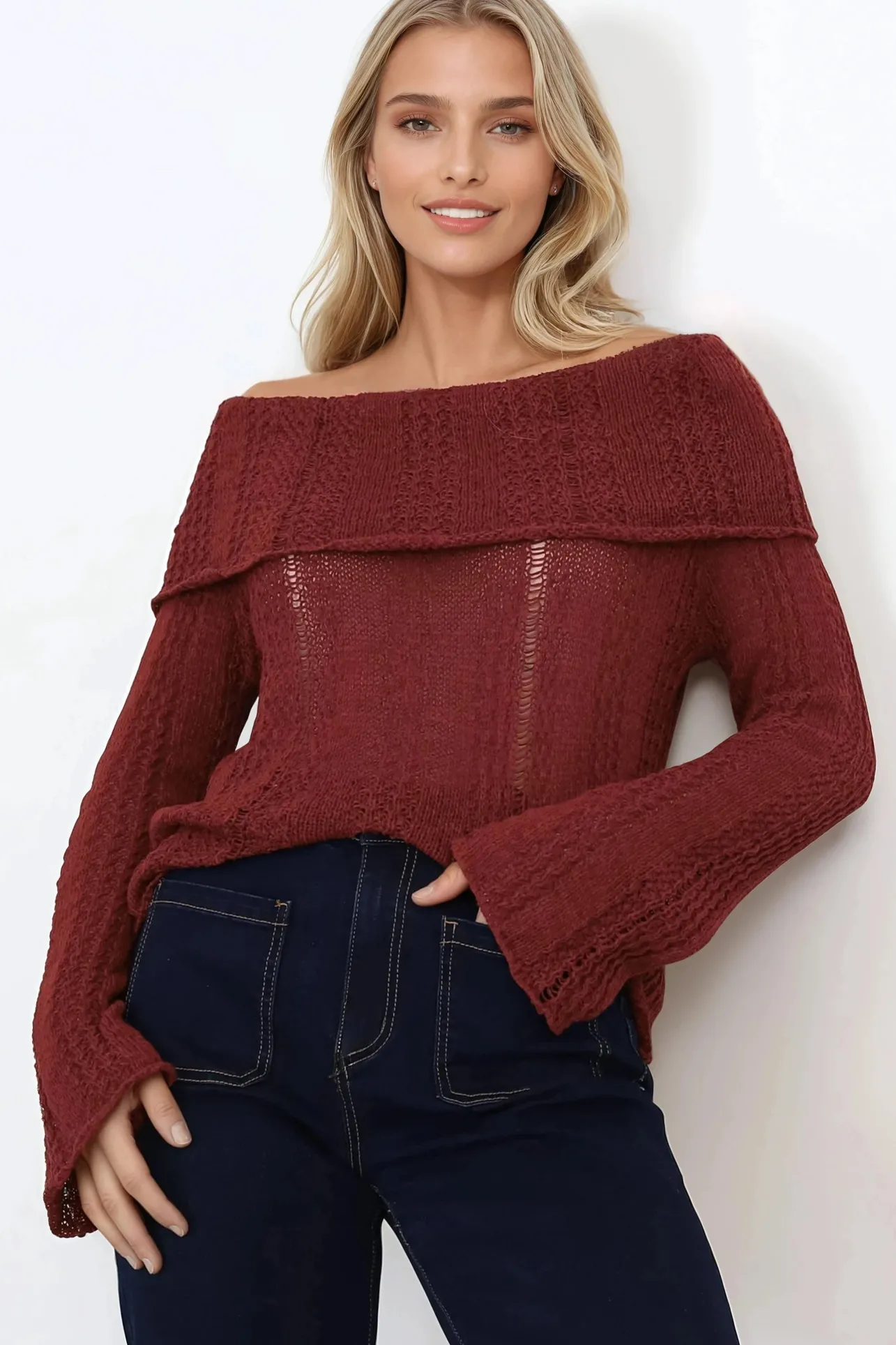 Rayra Knit Top - Multiway Neckline Knit Top with Flute Sleeves in Wine>Salty Crush