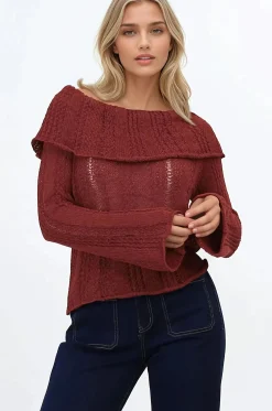 Rayra Knit Top - Multiway Neckline Knit Top with Flute Sleeves in Wine><noscript><img width=