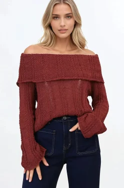 Rayra Knit Top - Multiway Neckline Knit Top with Flute Sleeves in Wine><noscript><img width=