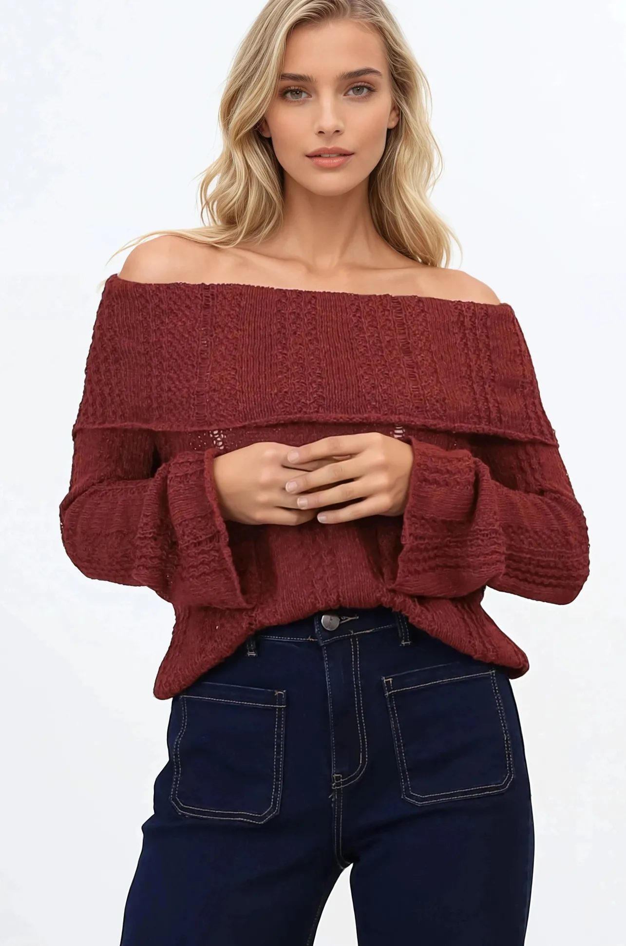 Rayra Knit Top - Multiway Neckline Knit Top with Flute Sleeves in Wine>Salty Crush