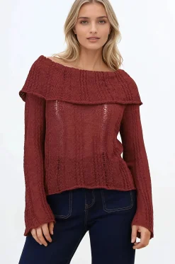 Rayra Knit Top - Multiway Neckline Knit Top with Flute Sleeves in Wine><noscript><img width=