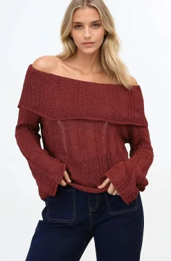 Rayra Knit Top - Multiway Neckline Knit Top with Flute Sleeves in Wine><noscript><img width=