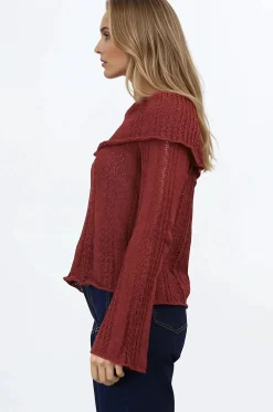 Rayra Knit Top - Multiway Neckline Knit Top with Flute Sleeves in Wine><noscript><img width=