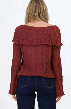 Rayra Knit Top - Multiway Neckline Knit Top with Flute Sleeves in Wine><noscript><img width=
