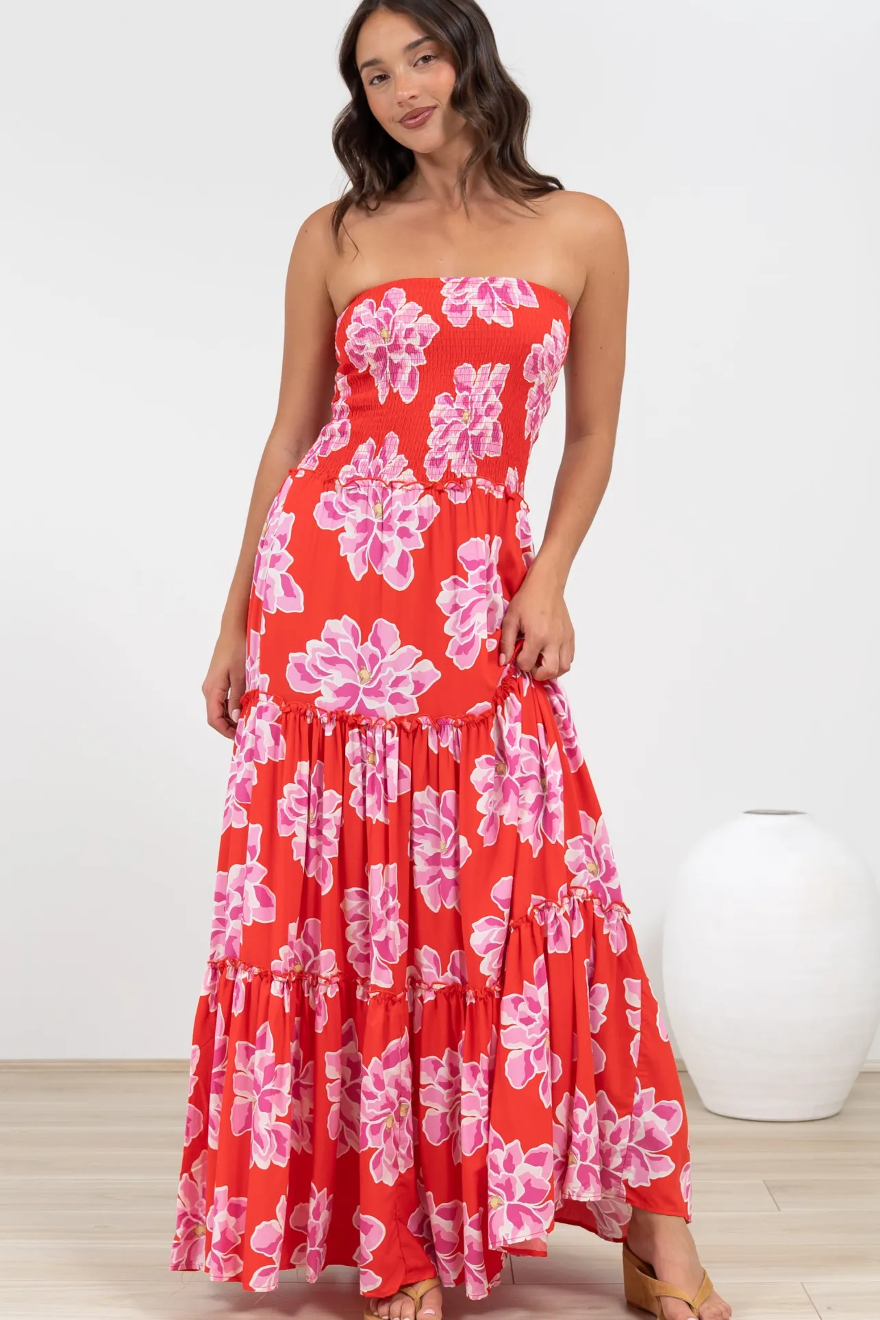 Rhea Maxi Dress - Strapless Ruffle Spliced Tiered Dress in Alba Print Red>Salty Crush