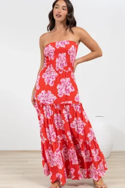 Rhea Maxi Dress - Strapless Ruffle Spliced Tiered Dress in Alba Print Red><noscript><img width=