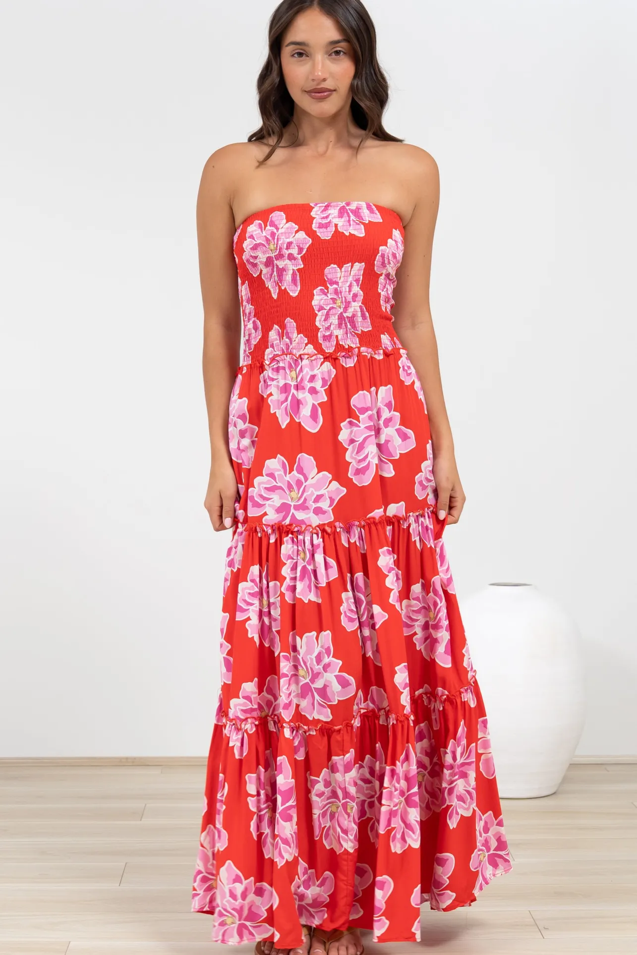 Rhea Maxi Dress - Strapless Ruffle Spliced Tiered Dress in Alba Print Red>Salty Crush