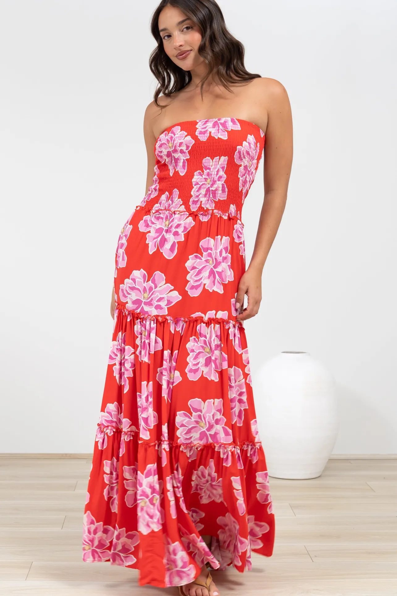 Rhea Maxi Dress - Strapless Ruffle Spliced Tiered Dress in Alba Print Red>Salty Crush